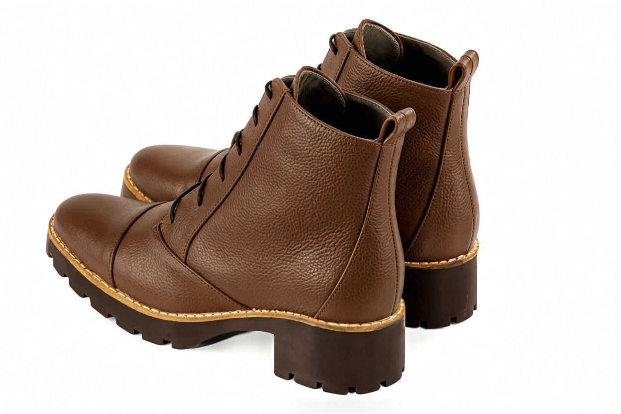 Women's cognac front lace-up ankle boots with round toe and chunky rubber lug sole - Rear view